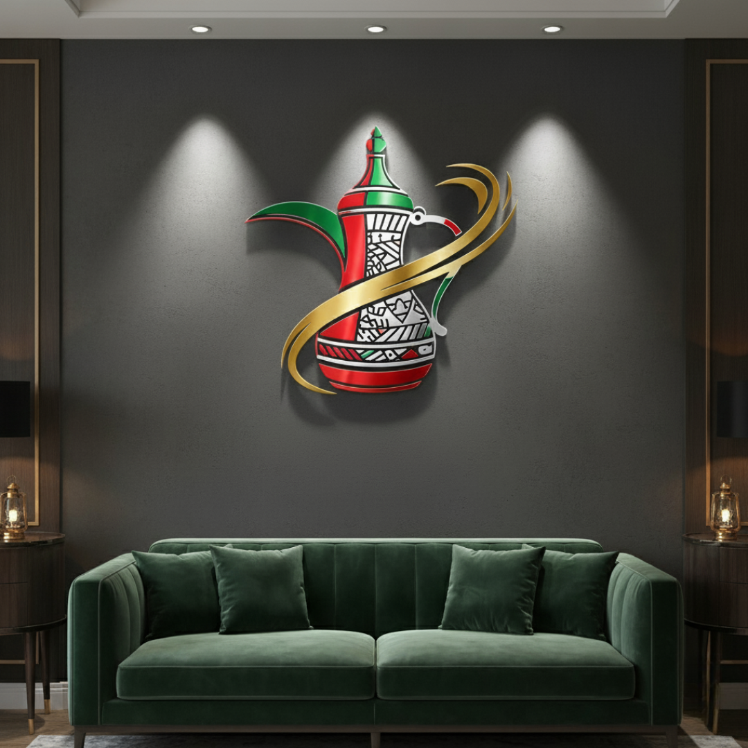Traditional UAE Dallah & Flag Acrylic Wall Art – Luxury Emirati Heritage Decor for Home & Office
