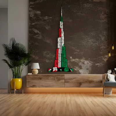 Geometric Burj Khalifa UAE Flag Acrylic Wall Art – Modern Dubai Skyline Decor
